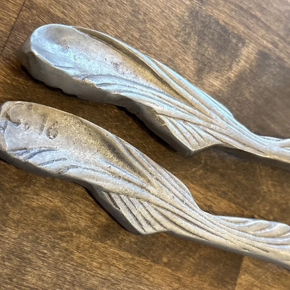 Vintage Hand-Cast Pewter Koi Fish Salad Serving Set - Artisan C.16 Pattern 11.5